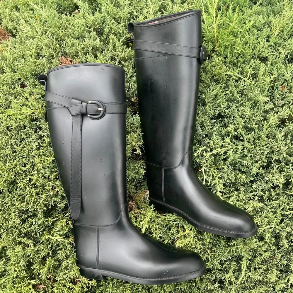 Burberry Black Rubber Rain Boots Check Lined Buckle Strap Riding Boots Size 40